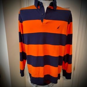 Nautica Navy & Orange Long Sleeve Polo Rugby Sz M